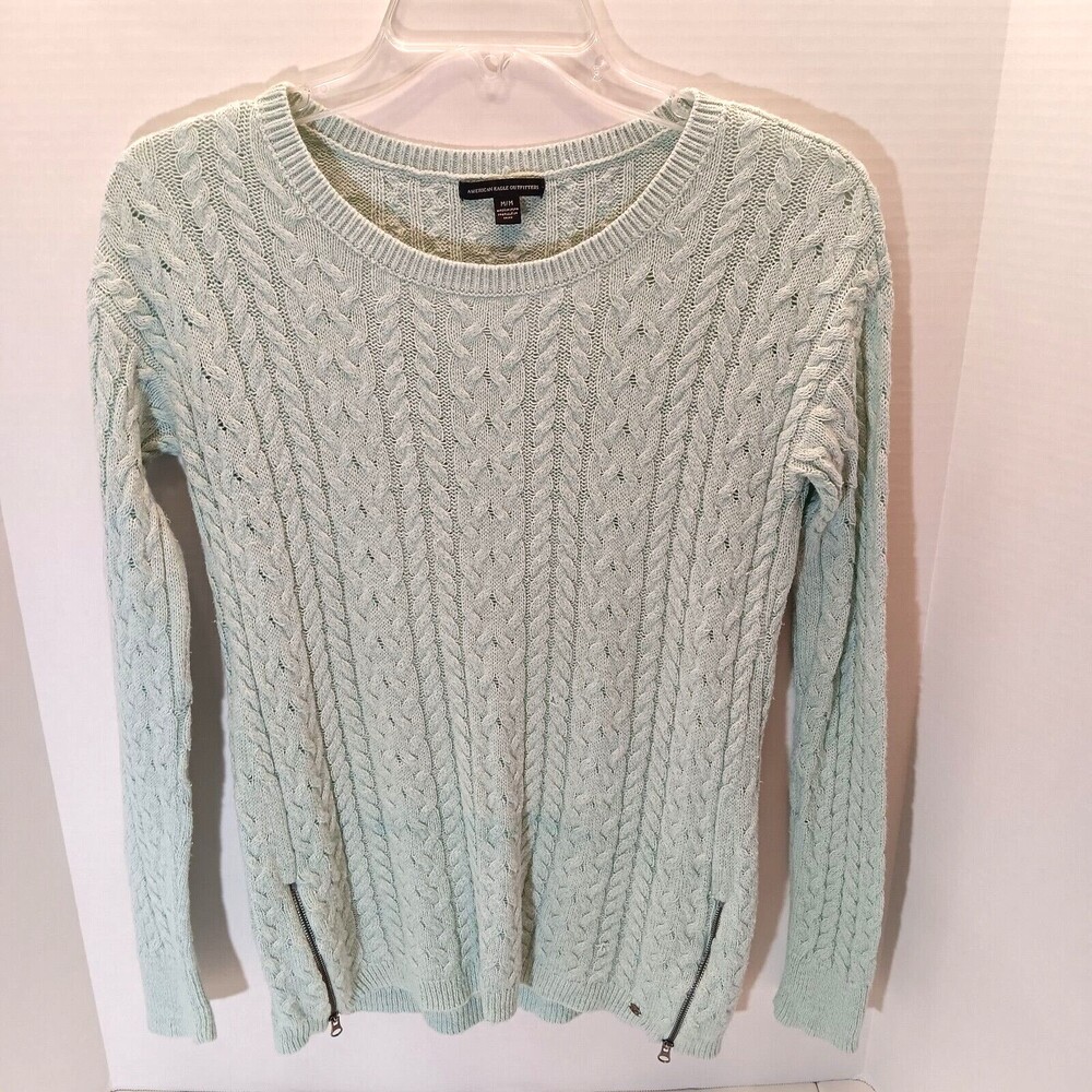 American Eagle Sweater Wn M Seafoam Green Cable Knit Preppy Clueless Academia